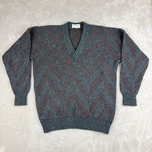 VTG Jaeger Cosby Wool Sweater Men 42 (L) Chevron Zig Zag VNeck Great Britain 80s